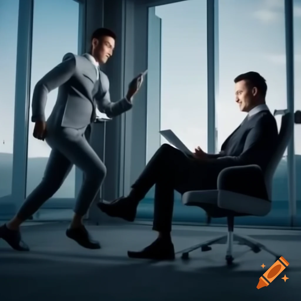 Coach in business suit evaluating employee's posture with iPad in corporate office