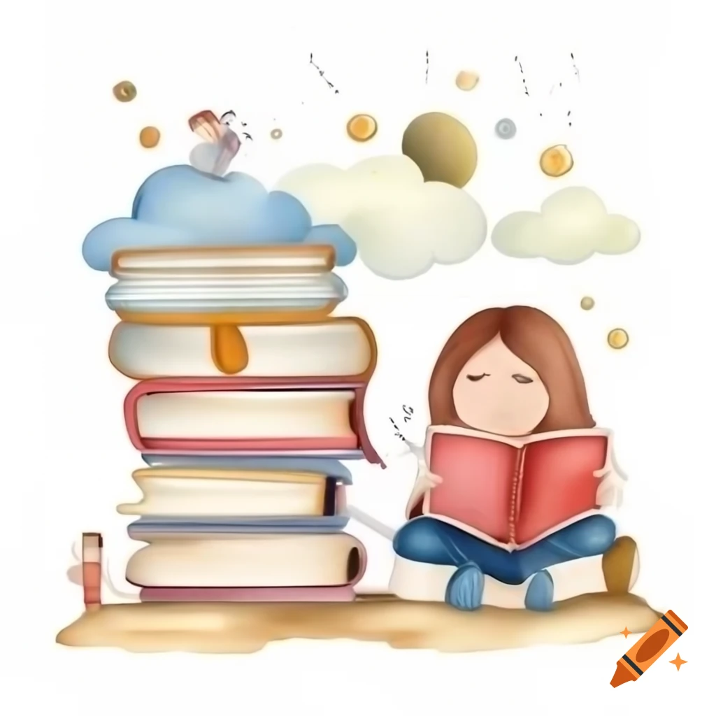Girl reading books on clouds with creature, surrounded by tall bookshelves