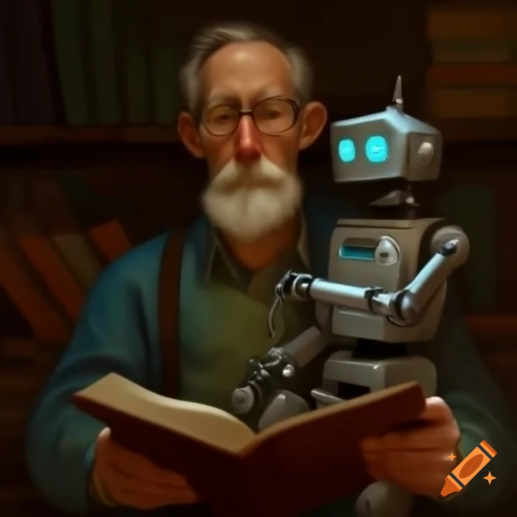 Man reading a book while imagining a robot