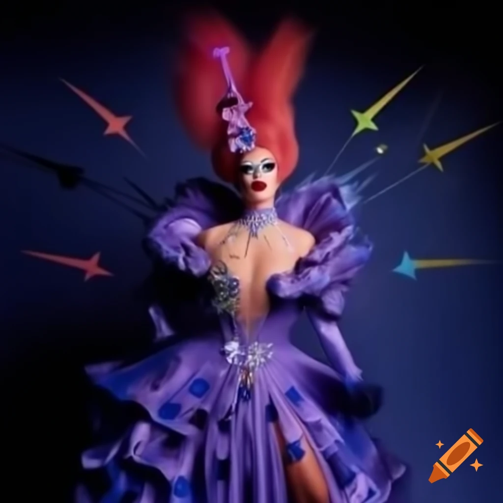 Celestial-themed drag queen in starry gown with flowing cape
