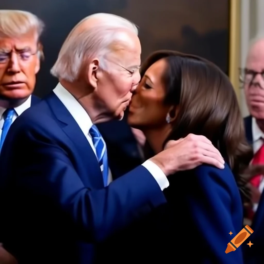 Political scene with Joe Biden and Kamala Harris in a kiss, Donald Trump observing