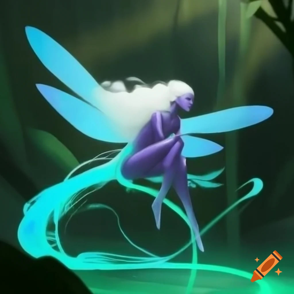 Androgynous figure with dragonfly wings and bioluminescent colors