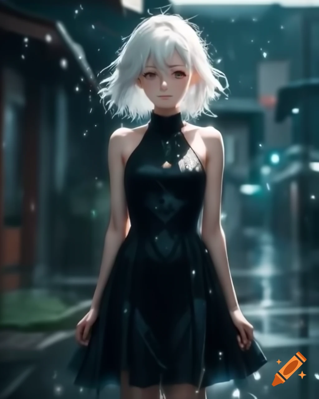 Anime character with white hair in black dress on rainy day