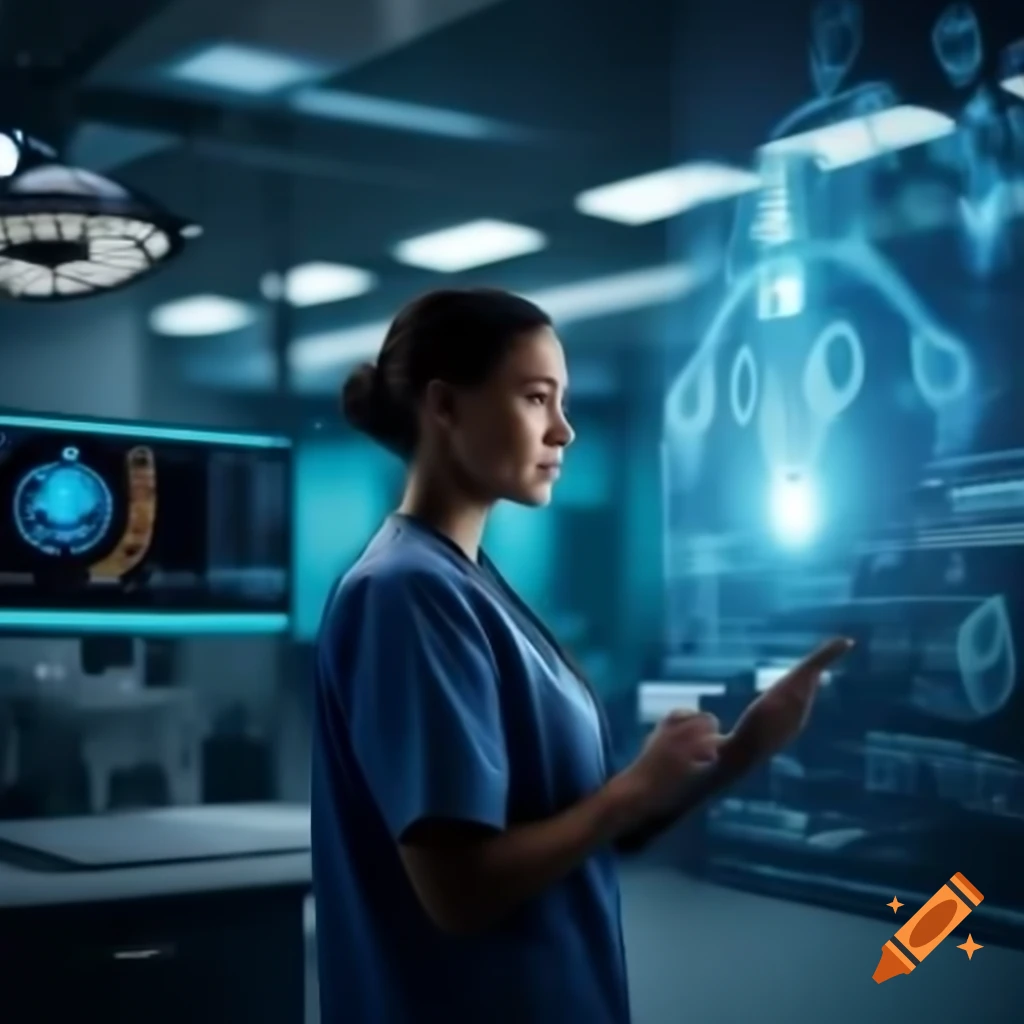 Healthcare professional engaging with digital interface in modern medical environment