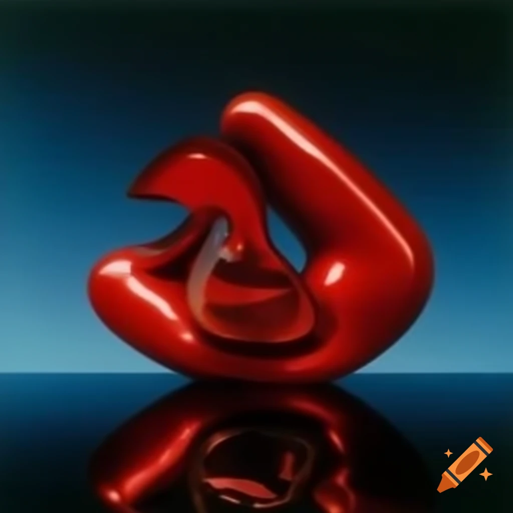 Pop surreal photography featuring iridescent red glass statue