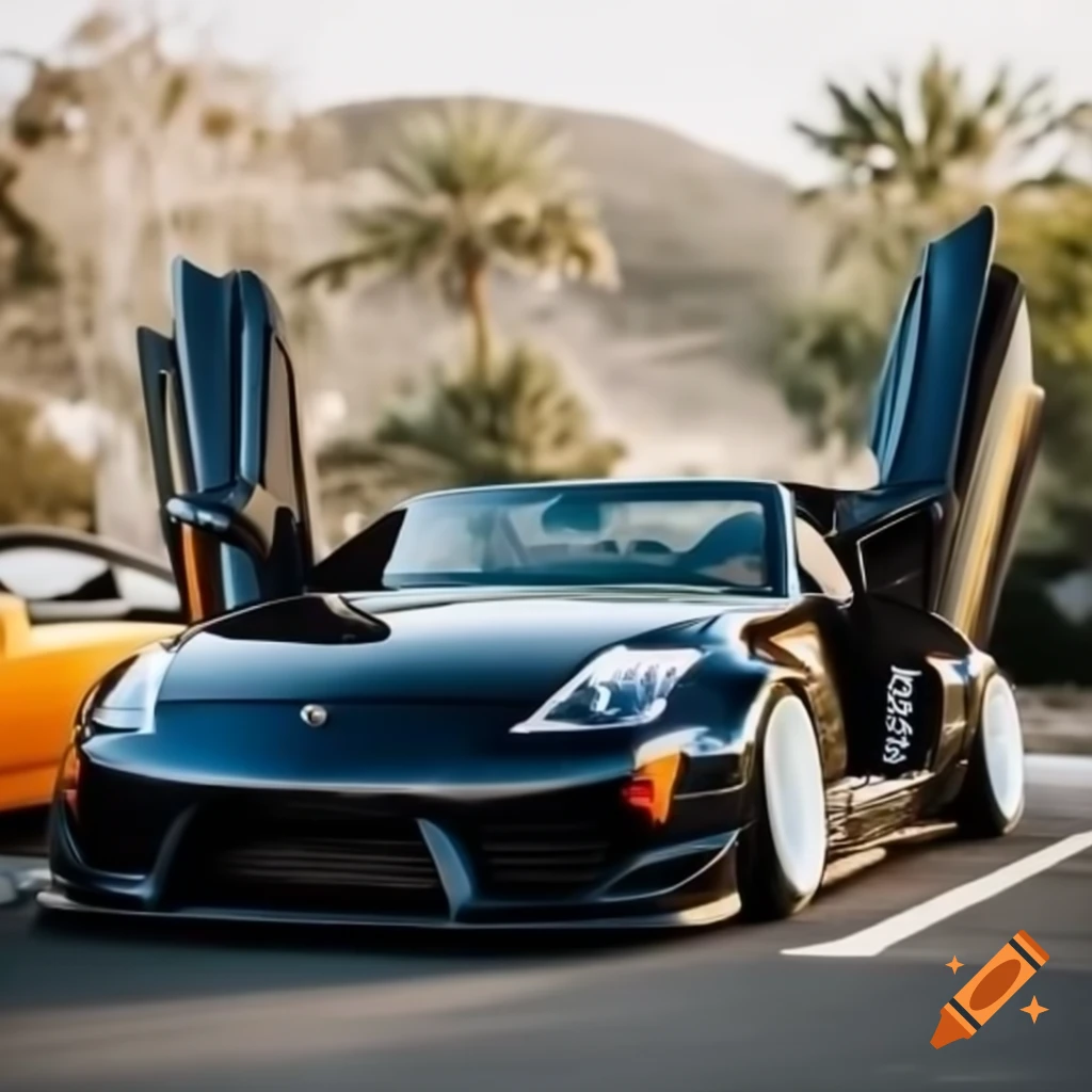 350Z convertible with aftermarket body kit and Lamborghini doors in natural setting