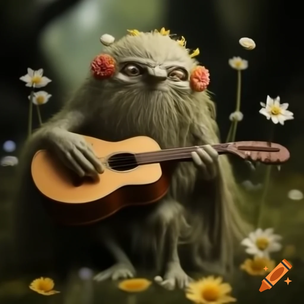 Wildflower monster playing acoustic guitar in hobbit hovel, highly detailed