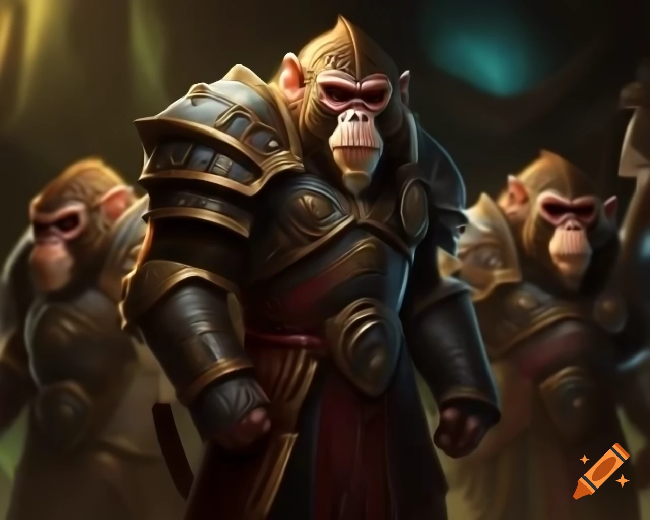 Monkeys in space preparing for battle with weapons and armor, themed adventure