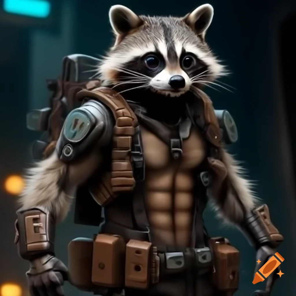 Comic book style raccoon transforming into muscular cyberpunk version with accessories in post-apocalyptic setting