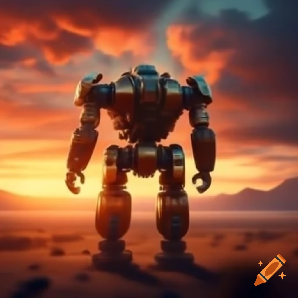 Retro robot with polished gears walking towards sunset horizon