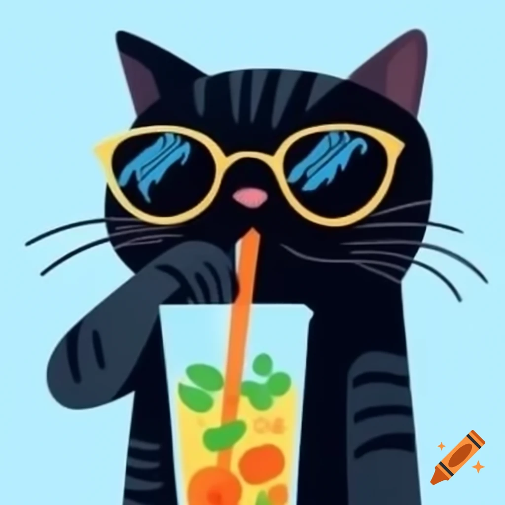 Cartoon art of black cat wearing sunglasses drinking