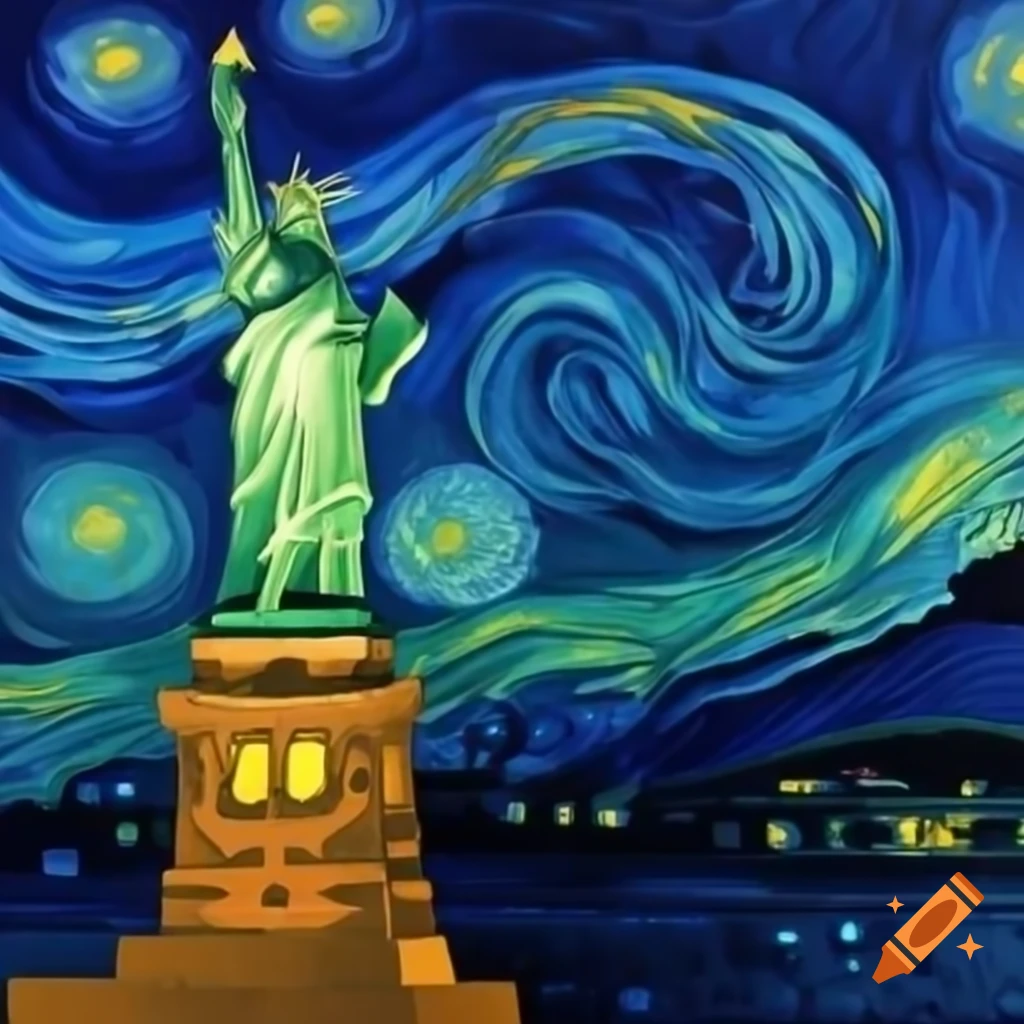 Statue of Liberty at night in Van Gogh style