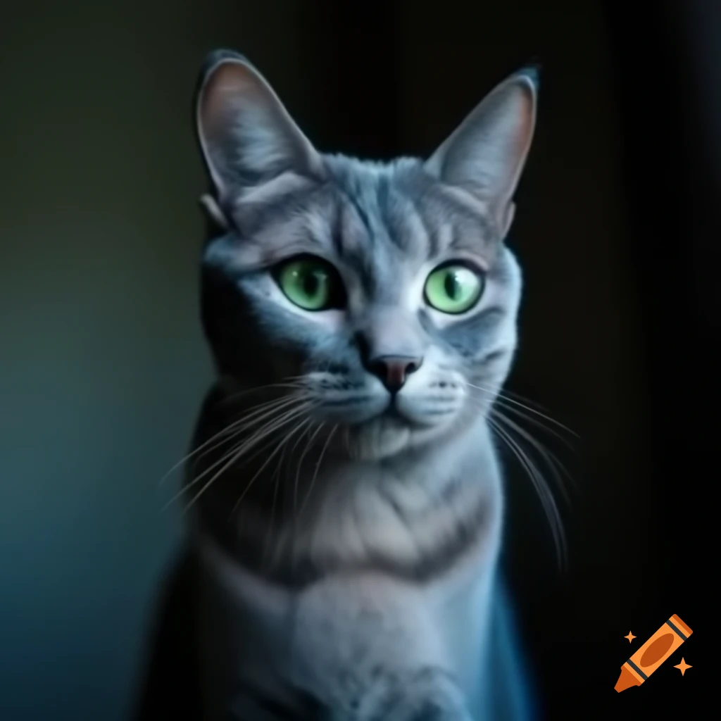 Short-haired blue she-cat with striking green eyes