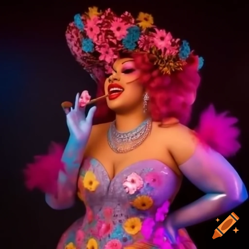 Daisy D'light in vibrant floral gown with beadwork and sequins, showcasing southern charm and jazz glamour