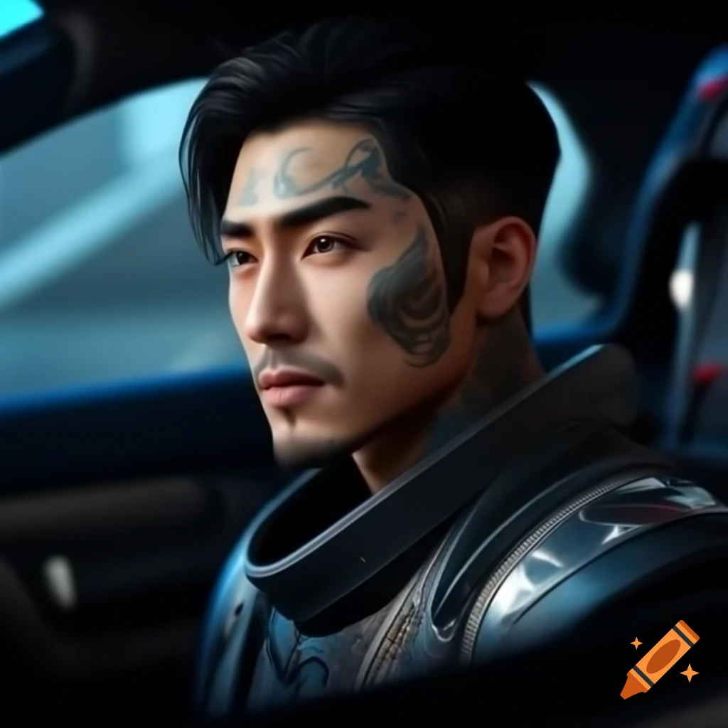 Futuristic Asian male with face tattoos in a cockpit setting