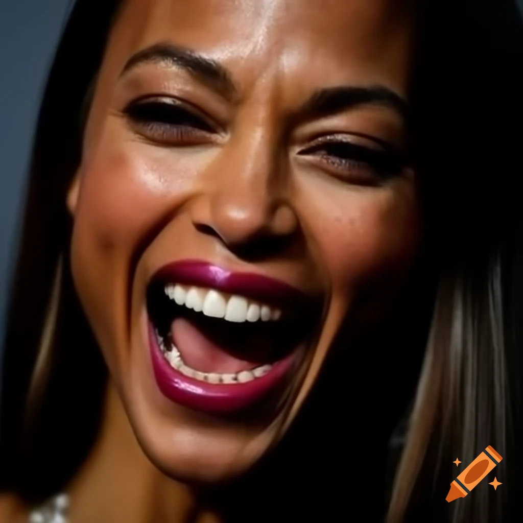 Zoe Saldana laughing heartily with sparkling eyes
