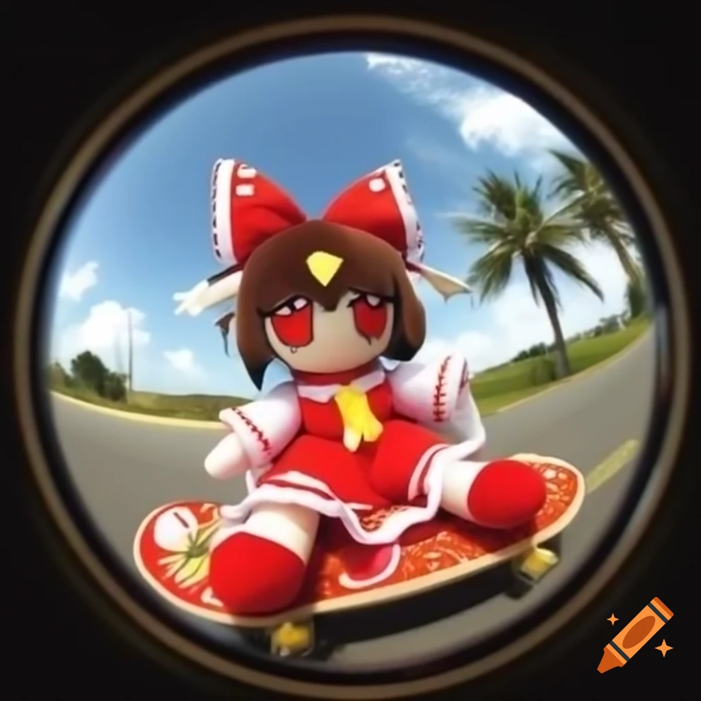 Fisheye lens photo of Reimu fumo plushie on skateboard
