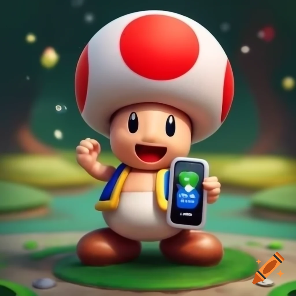 Toad character from Mario holding a smartphone