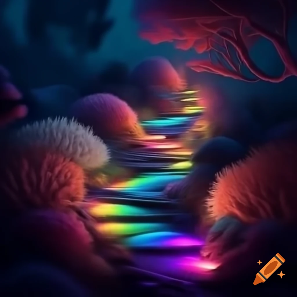Rainbow glowing path lined with coral