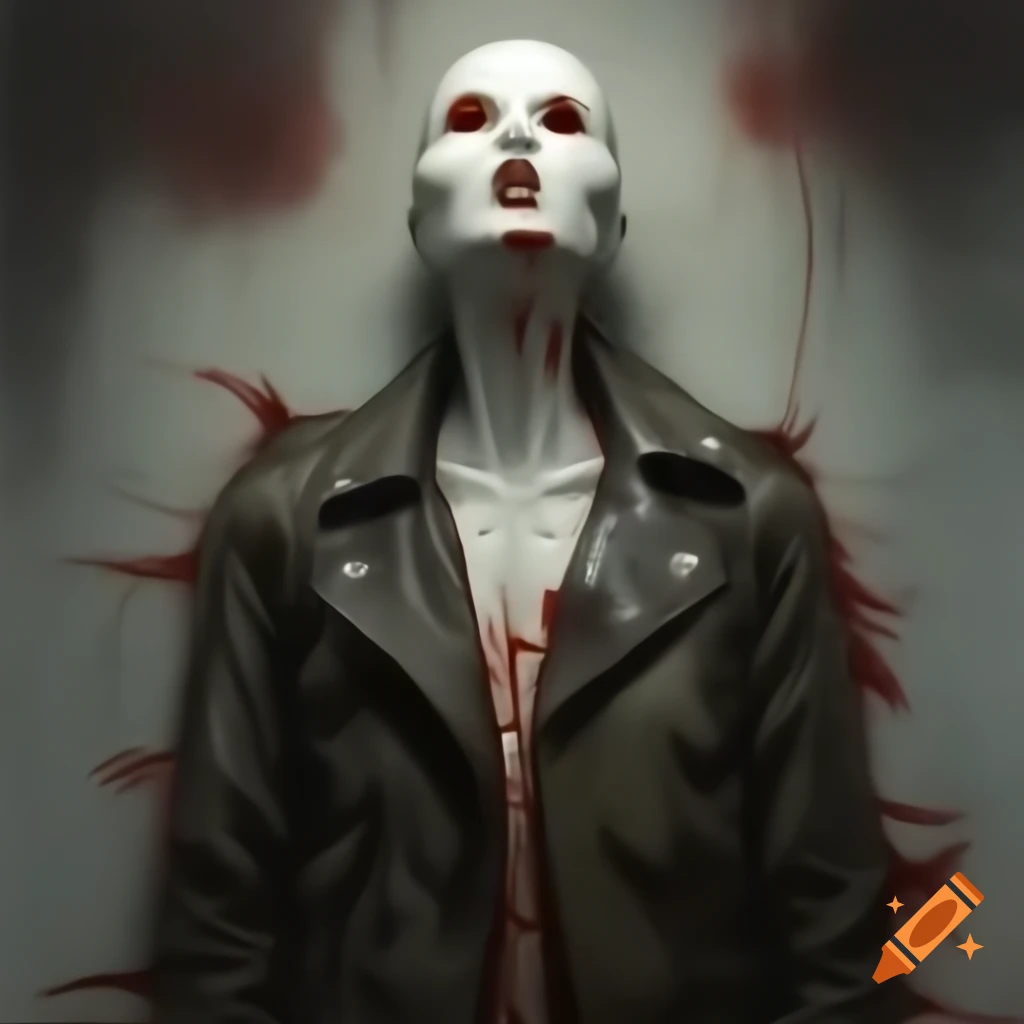 Comic book style eerie mannequin with cracked porcelain and blood on lips