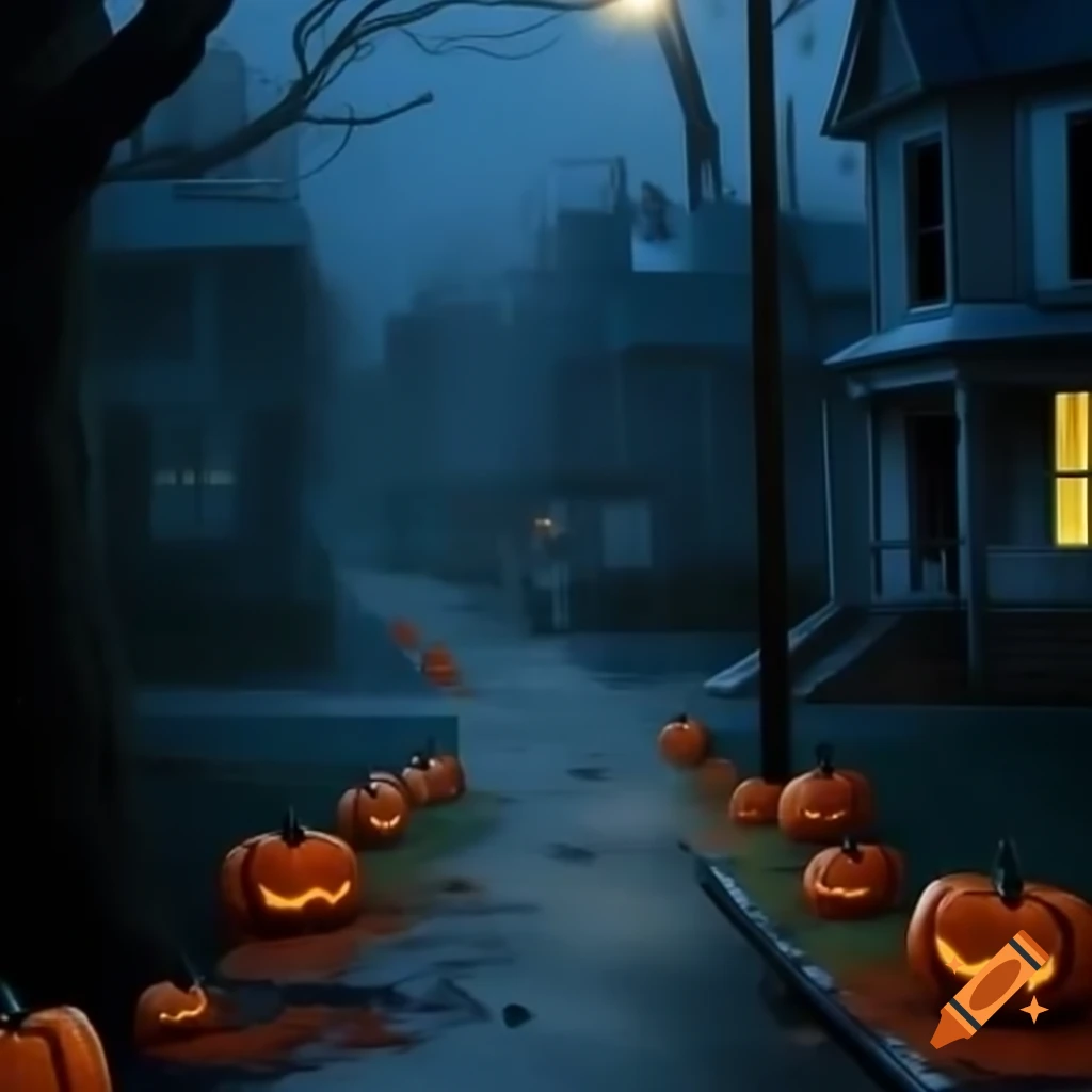 Eerie foggy Halloween night in suburban street with old house and scattered pumpkins