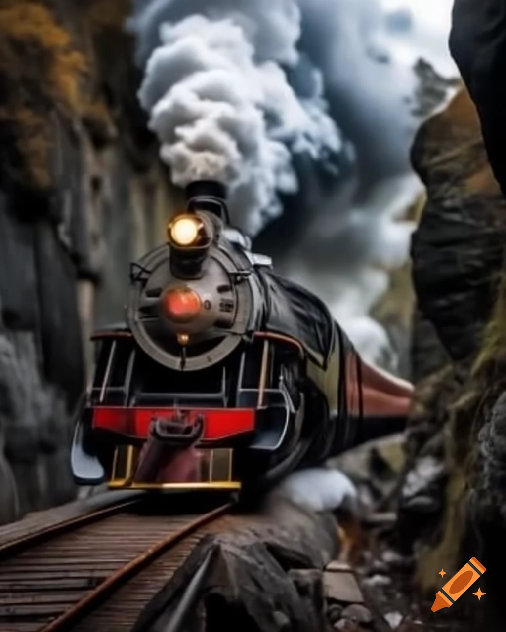 Antiquated steam locomotive traveling through rugged canyon on towering trestles