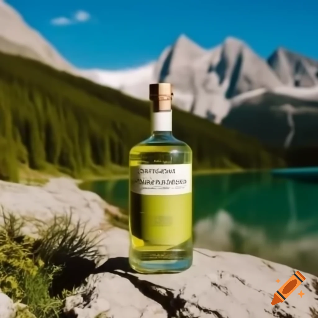 Chartreuse verte liquor advertisement against mountain and lake backdrop