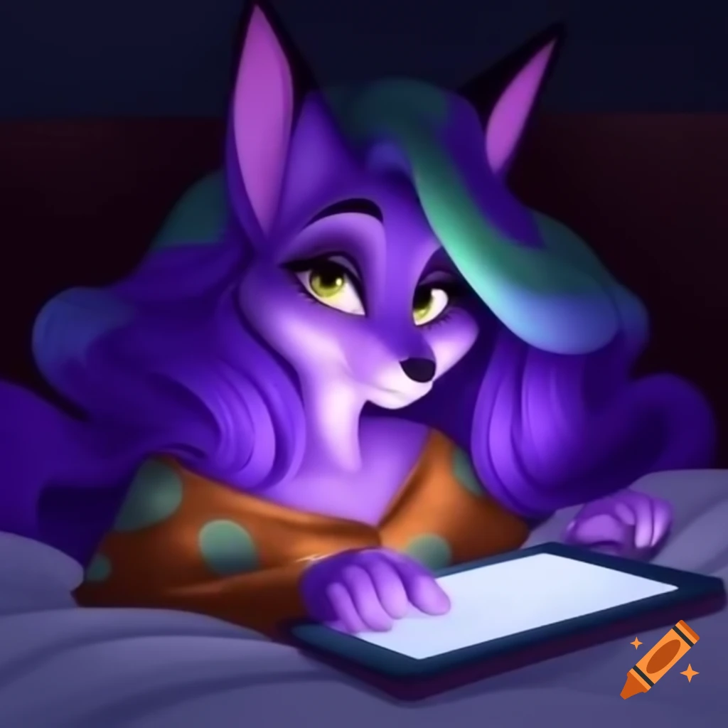 Disney-style anthropomorphic fox with colorful hair relaxing in bed with tablet
