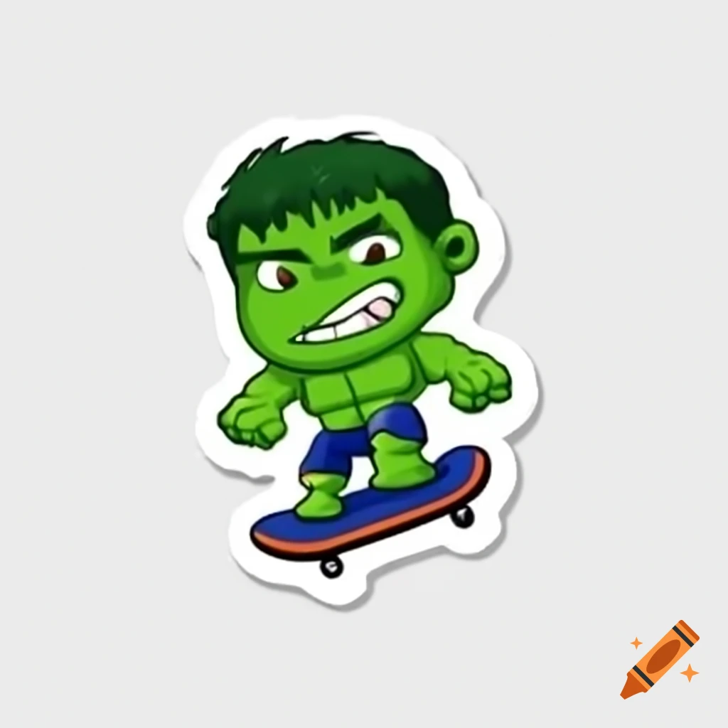 Cartoon sticker of Hulk character skateboarding