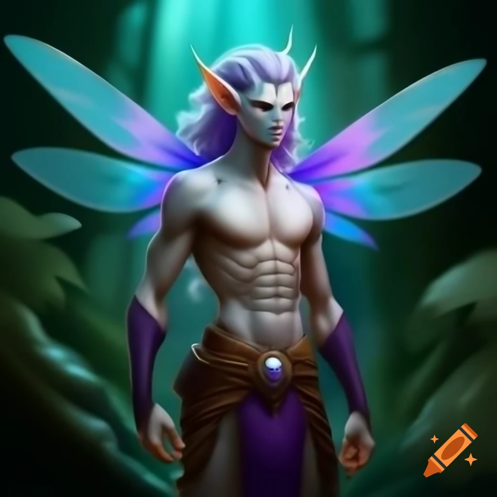 Male sylph character with elven ears and dragonfly wings, colorful cerulean hair