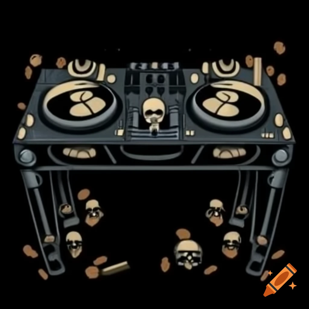 Dark DJ table featuring skull and bullet designs