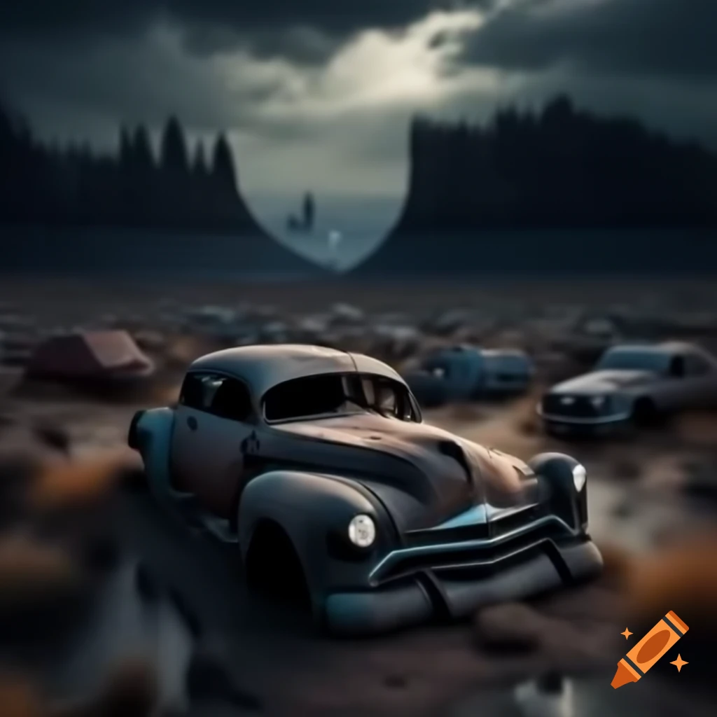 Haunted abandoned car junkyard in remote wilderness at night