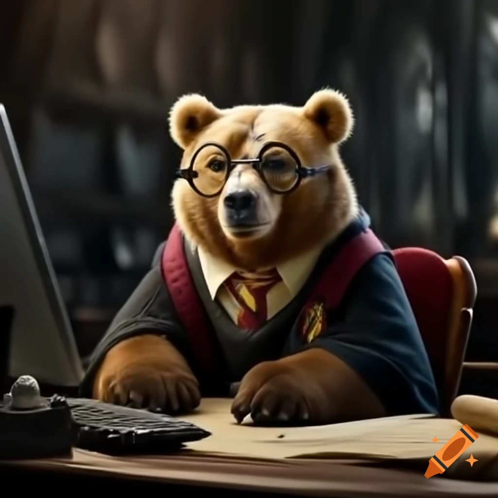 Bear resembling Baloo in Harry Potter attire with glasses working on computer