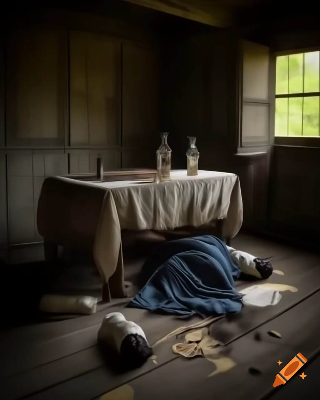 Five pirates sleeping on a wooden table, with broken rum bottle