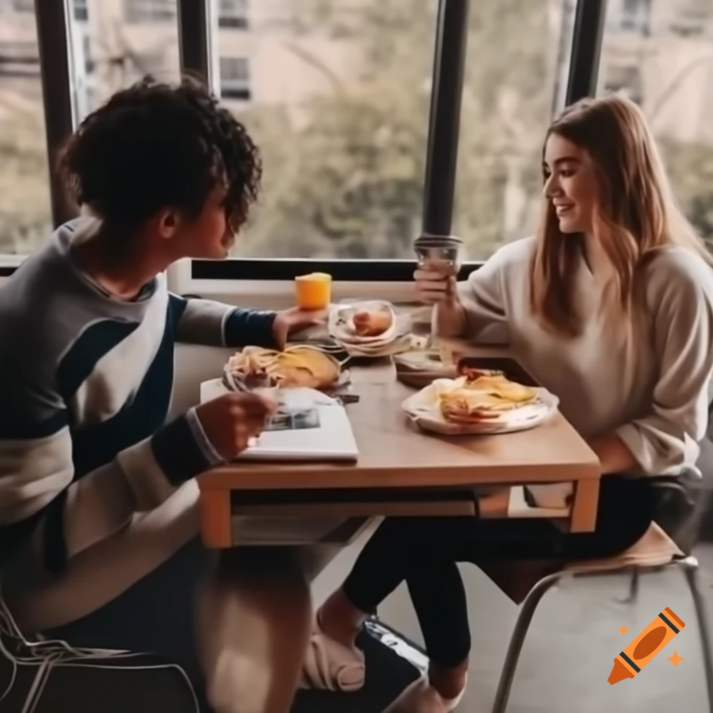Boy having breakfast with girlfriend in college canteen