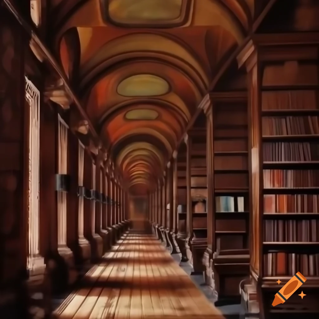 Impressionist painting of elegant library bookshelves