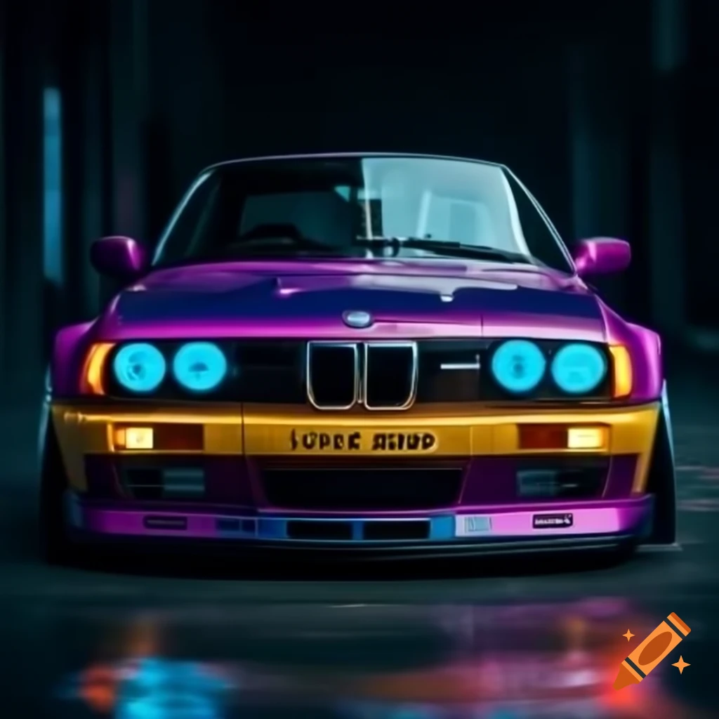 Futuristic cyberpunk reimagining of 1996 BMW E36 with neon colors