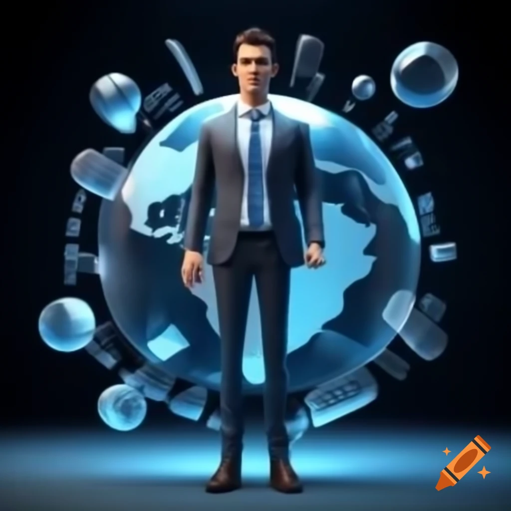 3D realistic image of a businessman's hand in suit holding a small Earth resembling a crystal ball, symbolizing connection and marketing
