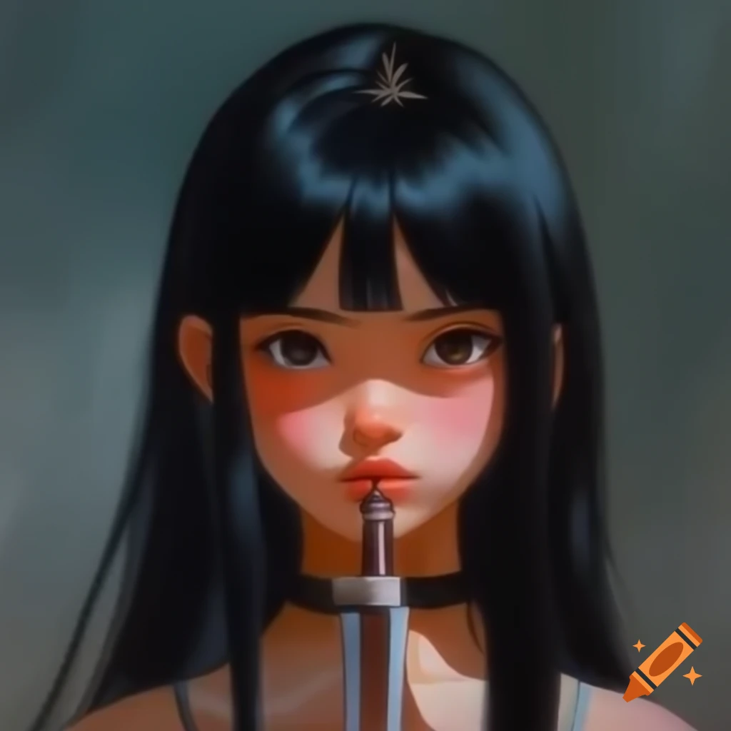 Young woman with long black hair holding sword in 1980s retro anime style