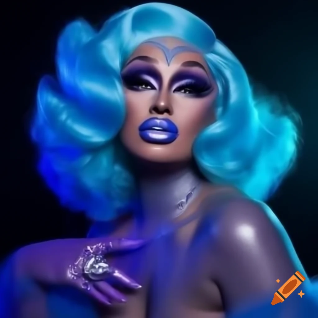 Aurora Borealis themed drag look featuring shimmering gown and cascading hair