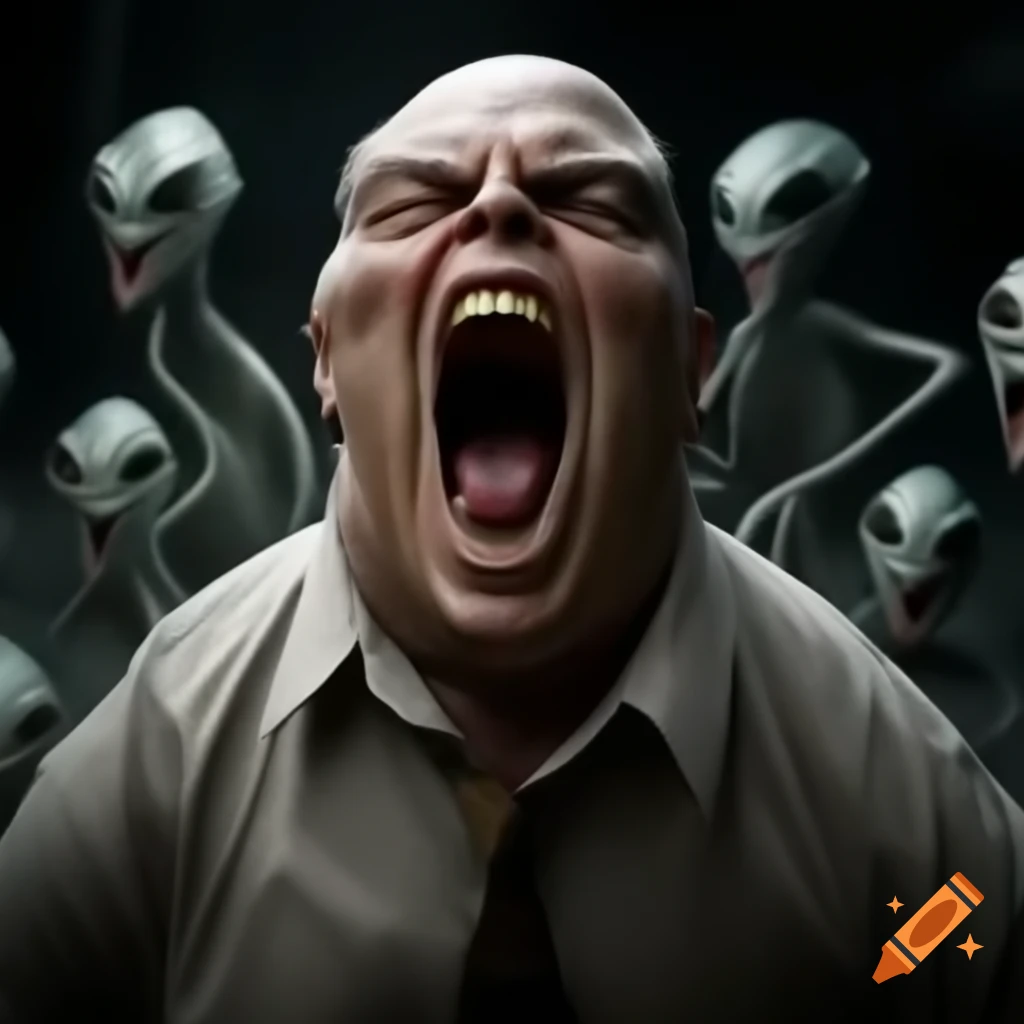 Man shouting at grey alien in humorous encounter