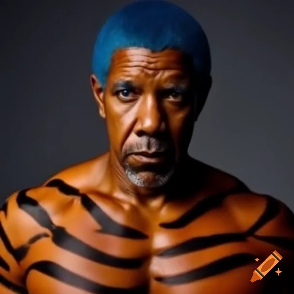 Muscular figure with tiger-style makeup featuring blue hair and orange skin with black stripes