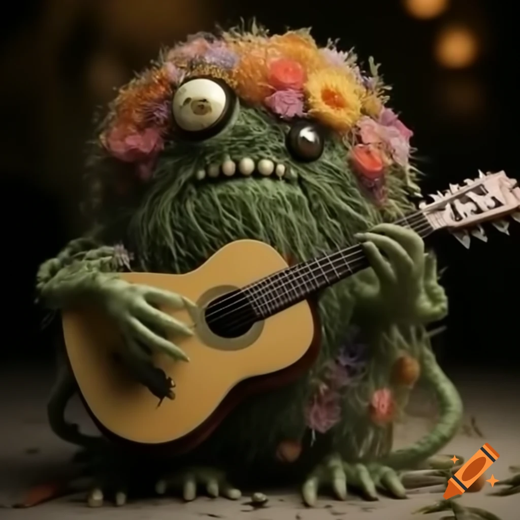 Intricate flower monster playing guitar in high detail
