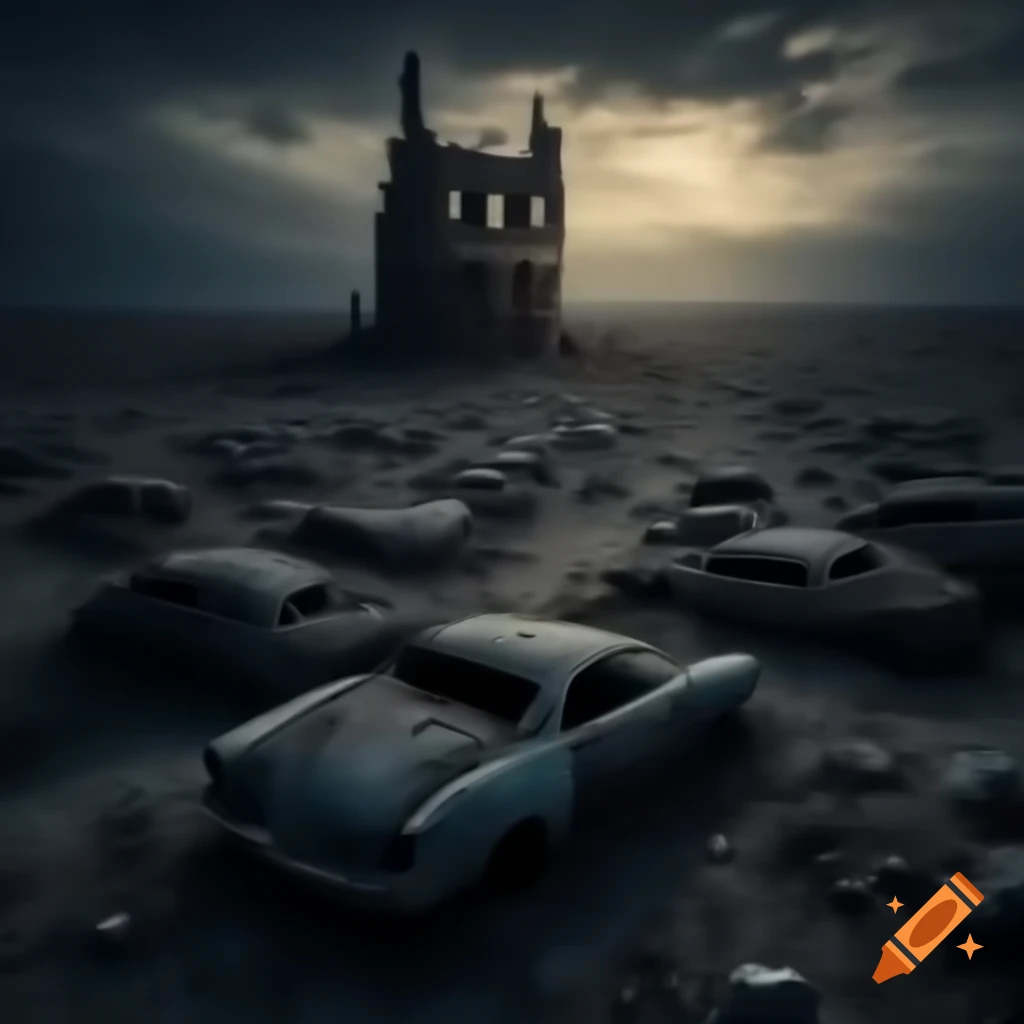 Ghosts in dark car junkyard at night with possessed car