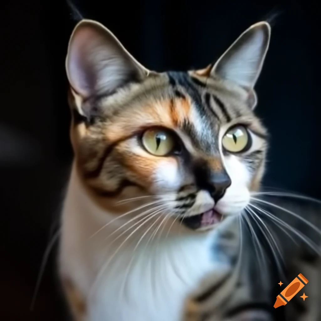 Blue and cream mackerel tortoiseshell-tabby cat with short fur and gold eyes