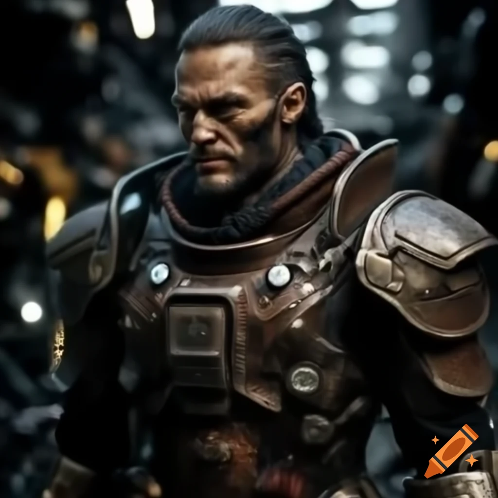 Realistic human pirate in sci-fi armor made from high-tech scrap