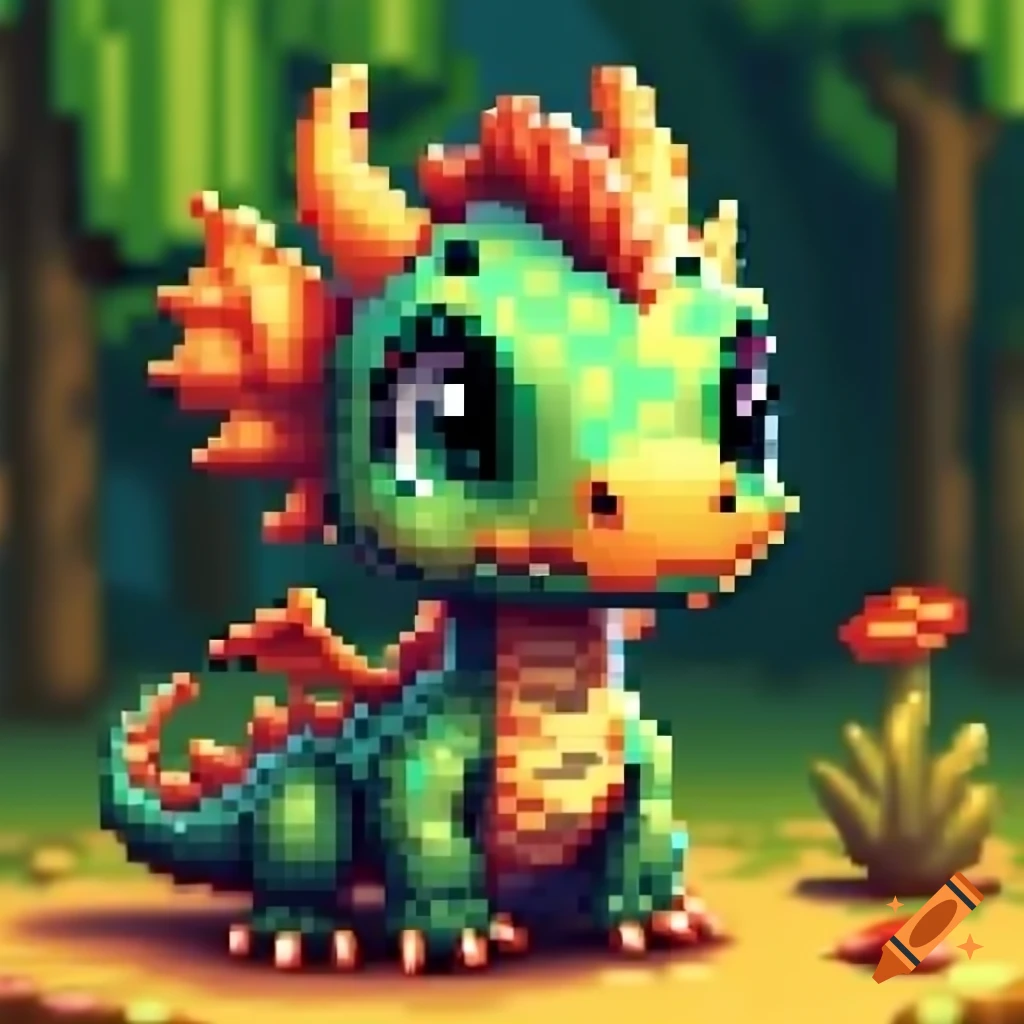 Pixel art of a baby nature dragon