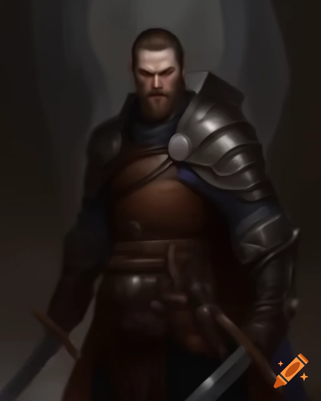 Strong man in dark armor holding shining broadsword in epic medieval setting, Pathfinder style