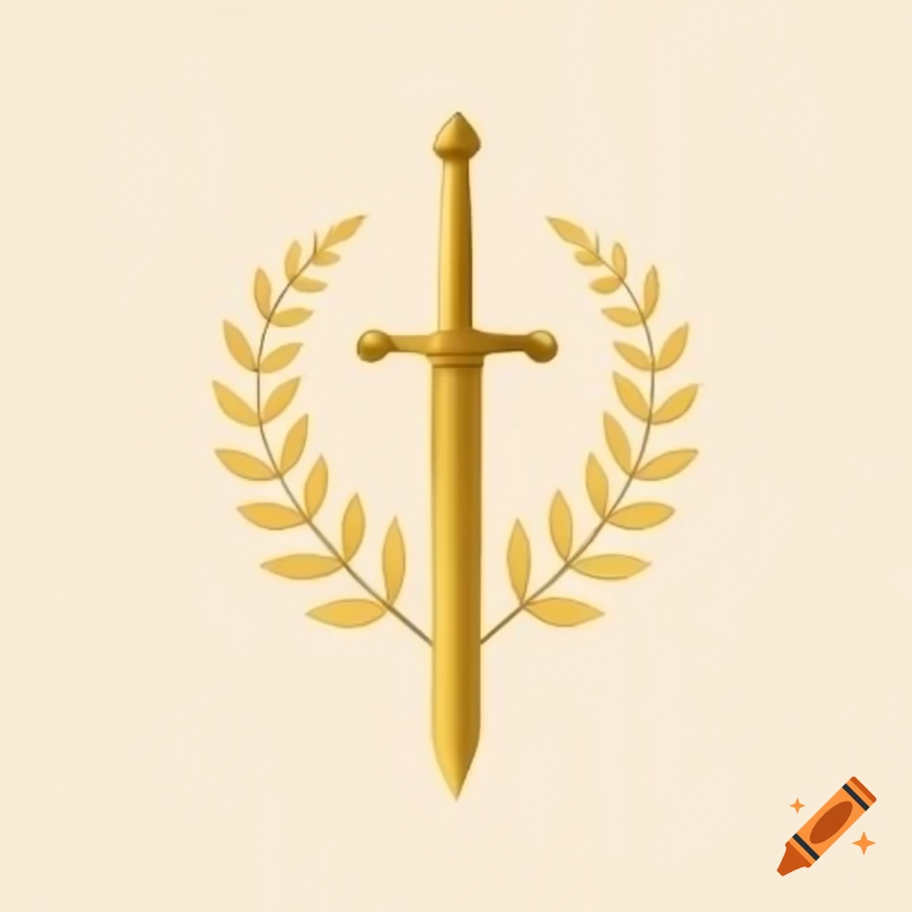 Royal emblem with luxury gold sword and large leaf on light background