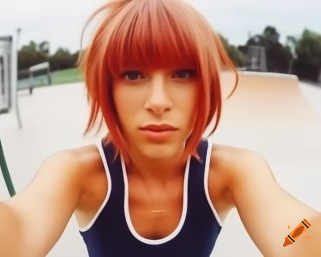 Blushing Monika from Doki Doki Literature Club in a tank top at a skate park
